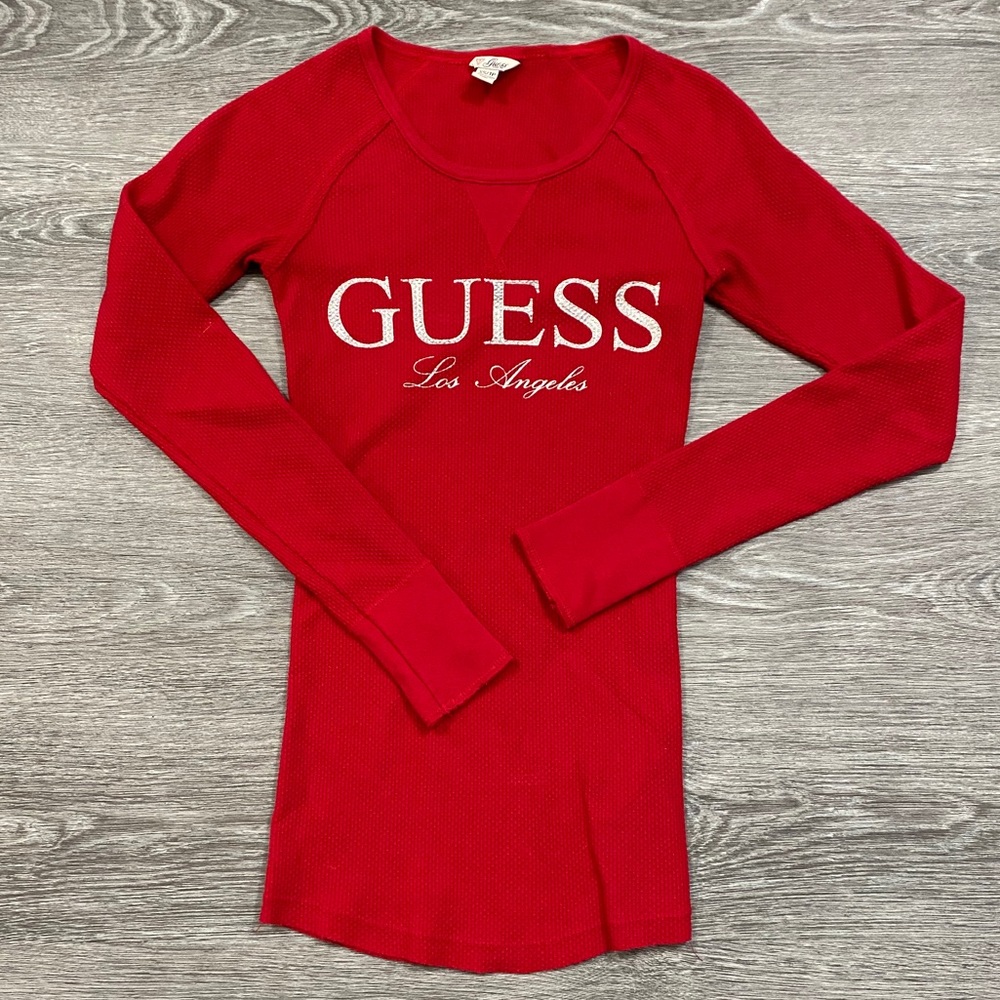 Red GUESS long sleeve top with Los Angeles logo